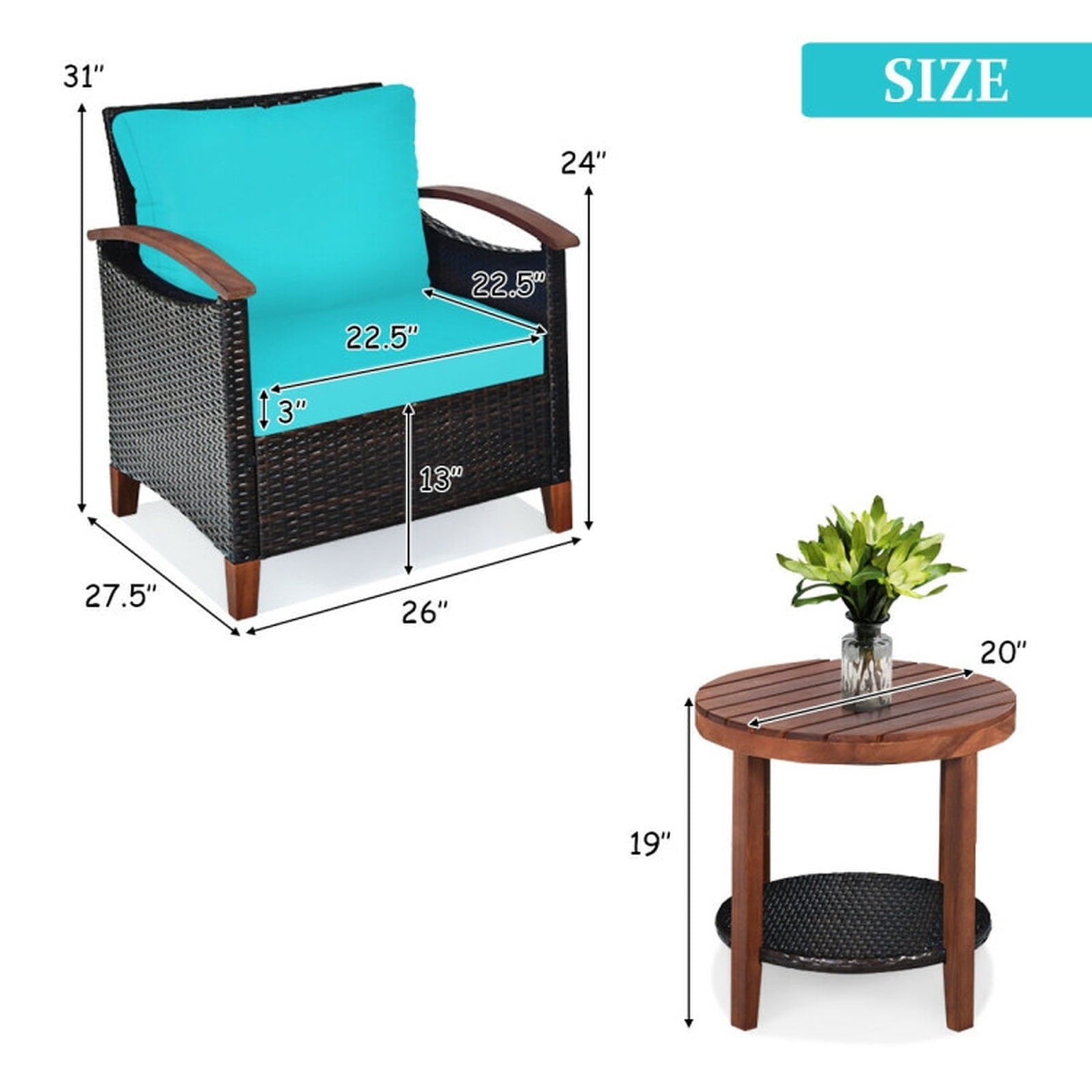 Biotree 3 Pieces Patio Rattan Furniture Set with Washable Cushion and Acacia Wood TabletopTurquoise