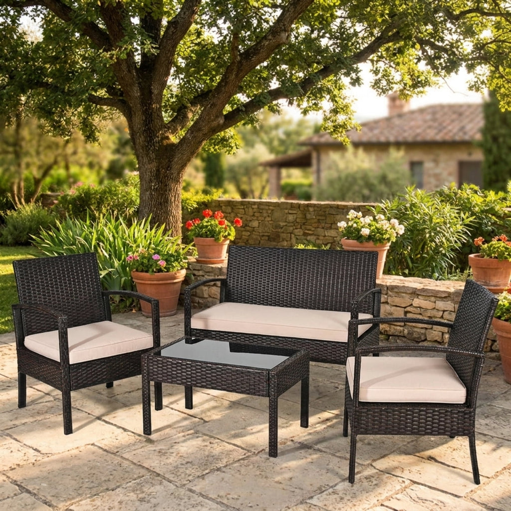 Biotree 4 Pieces Patio Rattan Conversation Set with Loveseat Sofas and Coffee Table Outdoor Conversation Set for Garden Backyard Porch