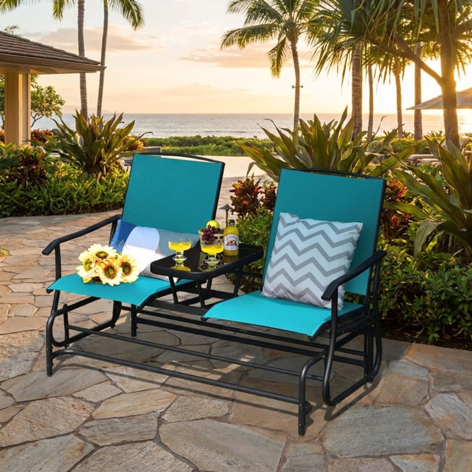 Biotree 2-Person Double Rocking Loveseat with Mesh Fabric and Center Tempered Glass TableTurquoise