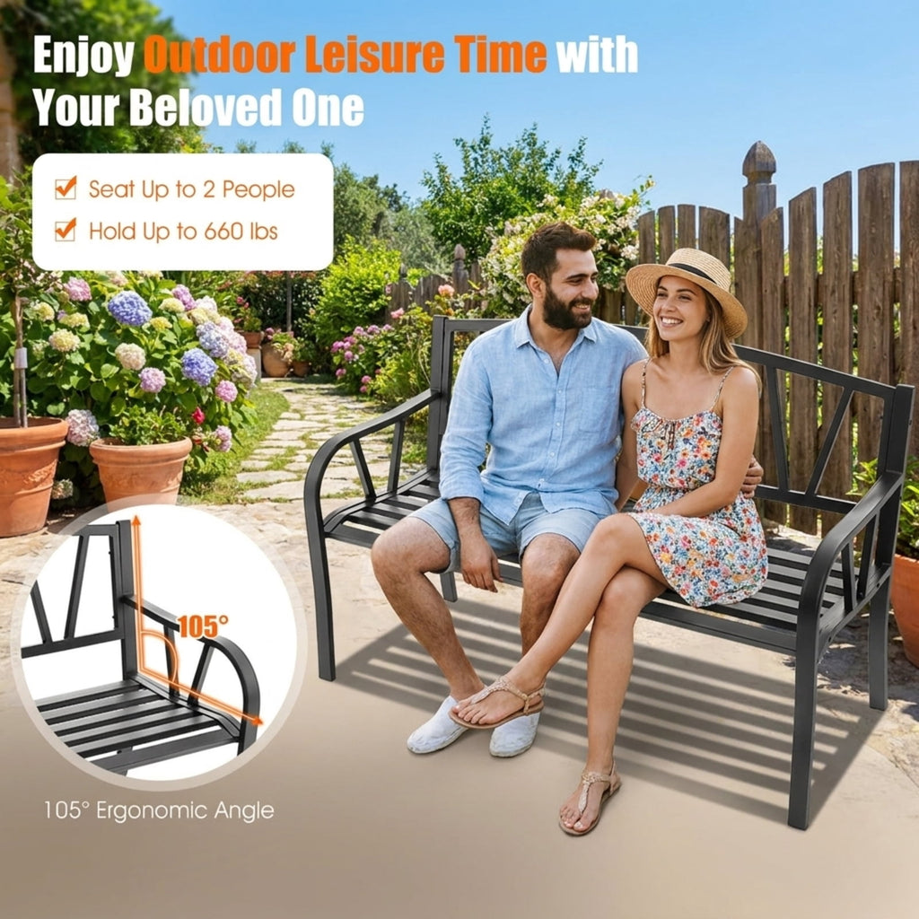 Biotree Patio Garden Bench with Metal Frame and Slatted Seat Stackable Patio Chair for Garden BackyardBlack