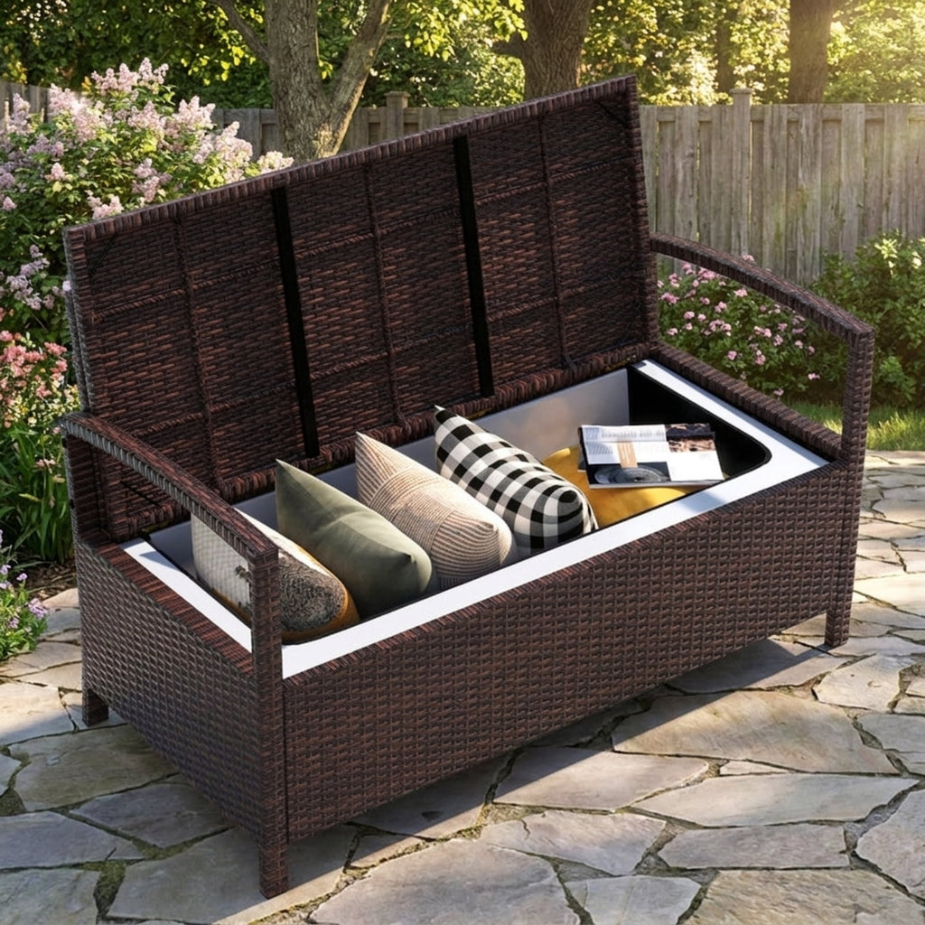 Biotree Outdoor PE Wicker Storage Bench 2 Seater with Cushion and 42 Gallon Deck Box Stackable Patio Chair for Garden BackyardBeige