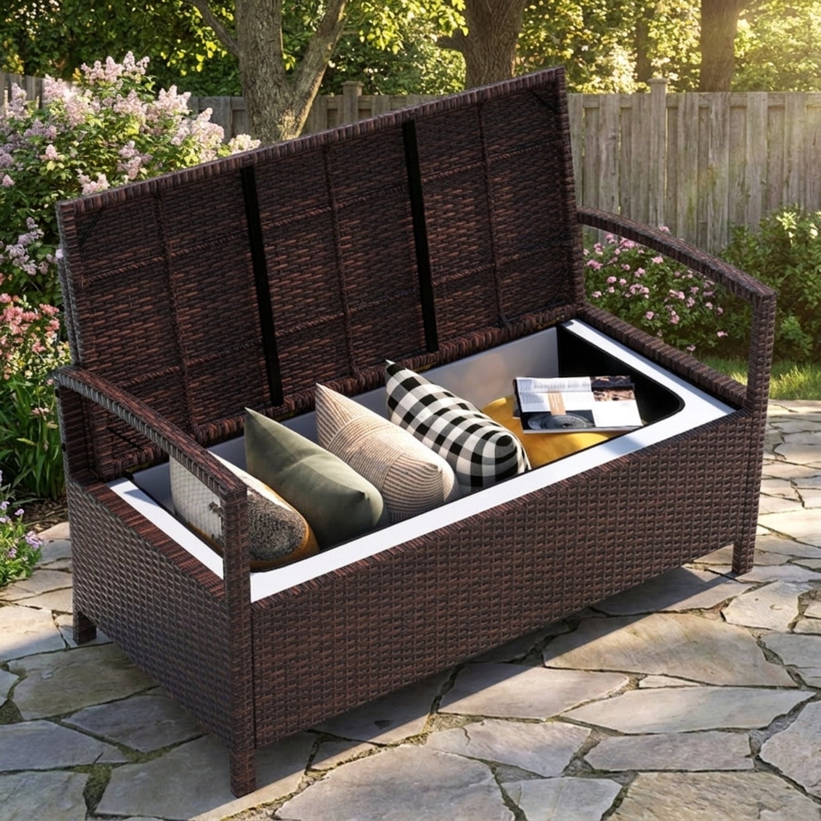 Biotree Outdoor PE Wicker Storage Bench 2 Seater with Cushion and 42 Gallon Deck Box Stackable Patio Chair for Garden BackyardBeige