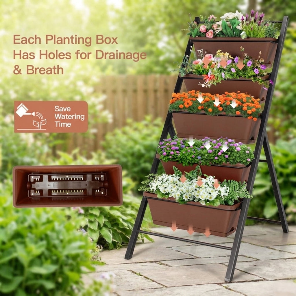 Biotree 5-Tier Vertical Raised Garden Planter Box with 5 PP Containers, Cascading Drainage & Steel Frame - Brown - 22.5x29x48.5 In