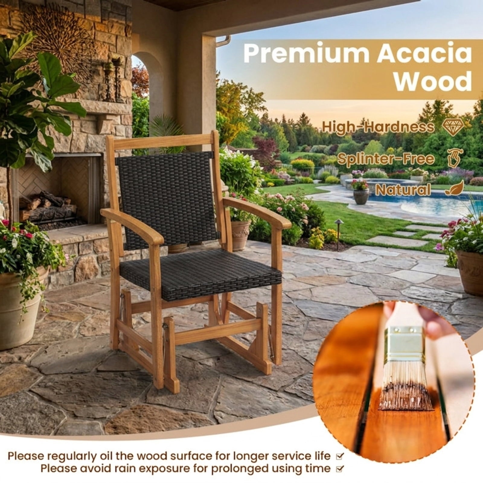 Biotree Patio Rattan Glider Chair with Acacia Wood Frame and Wicker Seat Back Stackable Patio Chair for Garden BackyardMix Brown