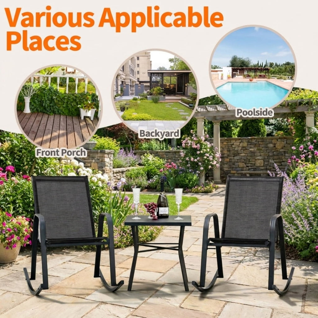 Biotree Set of 2 Metal Patio Rocking Chair with Breathable Seat Fabric Stackable Patio Chair for Garden BackyardBlack