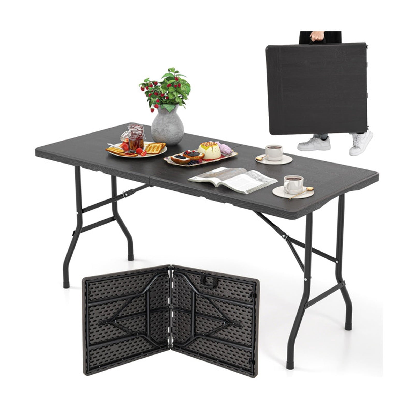 Biotree 5FT Folding Picnic Table with Wood Grain HDPE Tabletop and Non-slip Foot Pads, Black