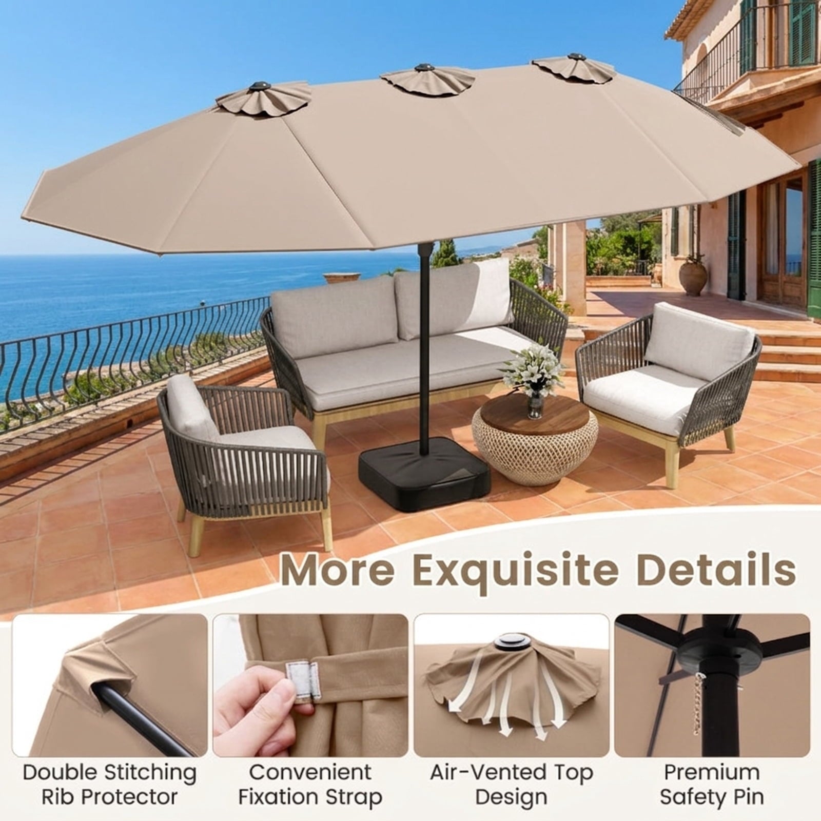 Biotree 15 ft Double-Sided Twin Patio Umbrella Crank Tilt Outdoor Shade - Brown - UV Protection with Cross Base