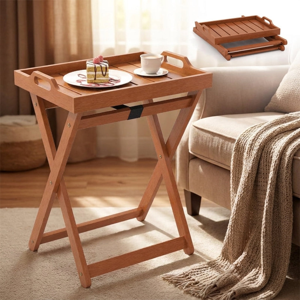 Biotree Outdoor Wood Tray Table Portable Side End Table with Folding Frame, Natural