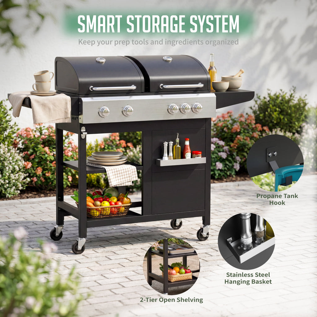 Biotree 5-Burner Propane Gas Grill and Griddle Combo, 54,000 BTU Dual Fuel BBQ Grill with Side Burner for Backyard, Patio Outdoor Cooking & Entertaining