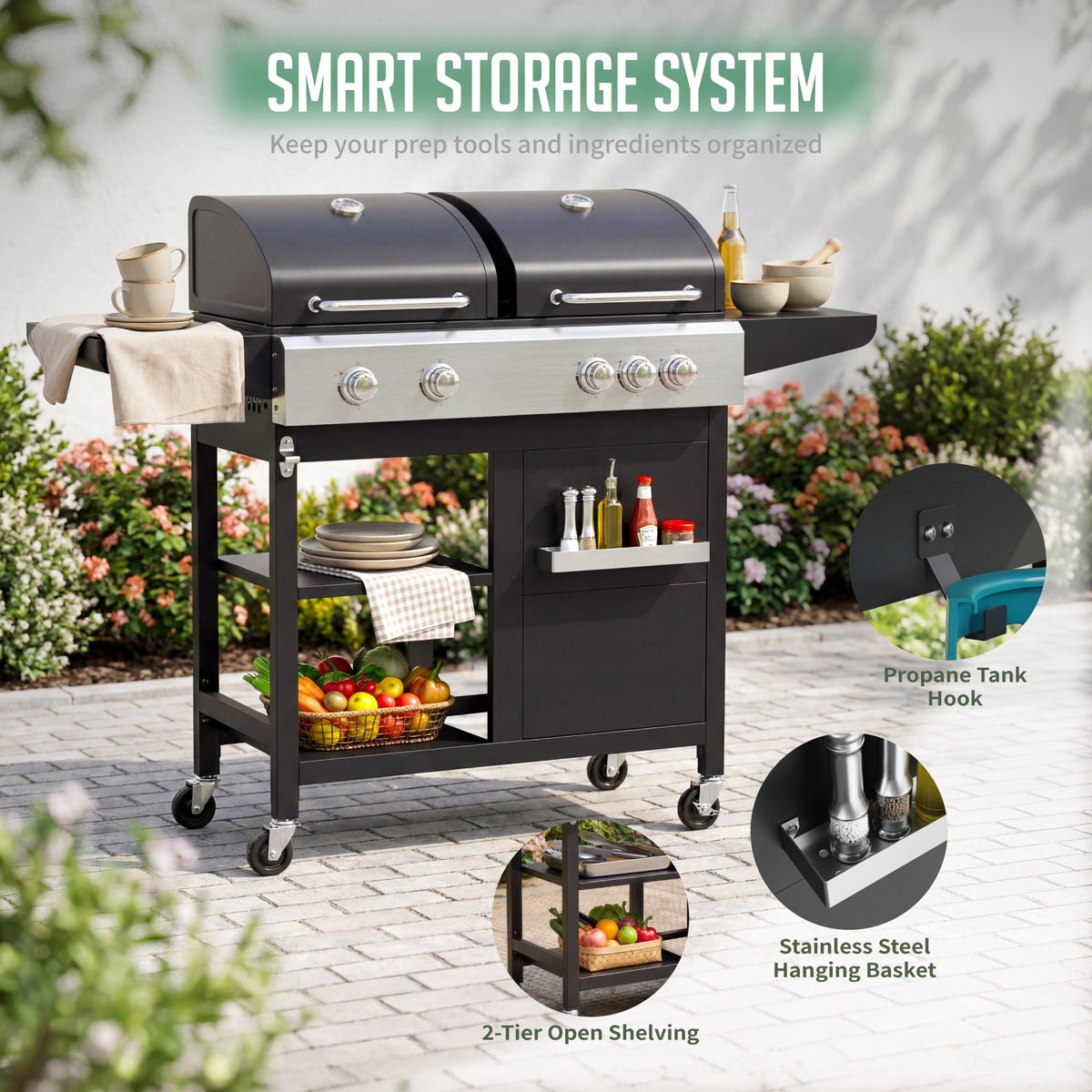 Biotree 5-Burner Propane Gas Grill and Griddle Combo, 54,000 BTU Dual Fuel BBQ Grill with Side Burner for Backyard, Patio Outdoor Cooking & Entertaining