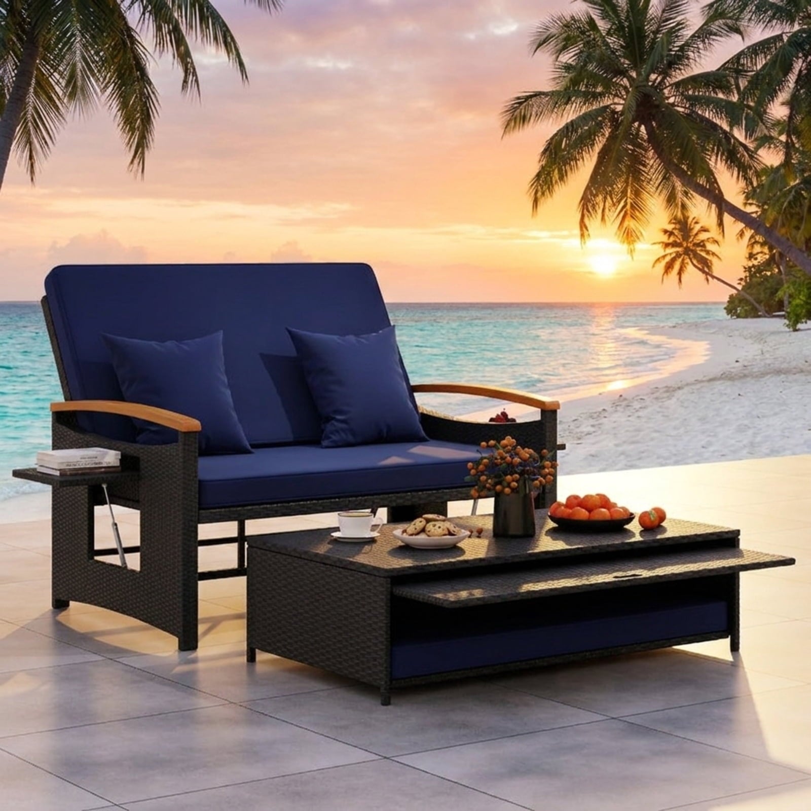 Biotree Outdoor Wicker Daybed with Folding Panels and Storage Ottoman Stackable Patio Chair for Garden BackyardDark Blue