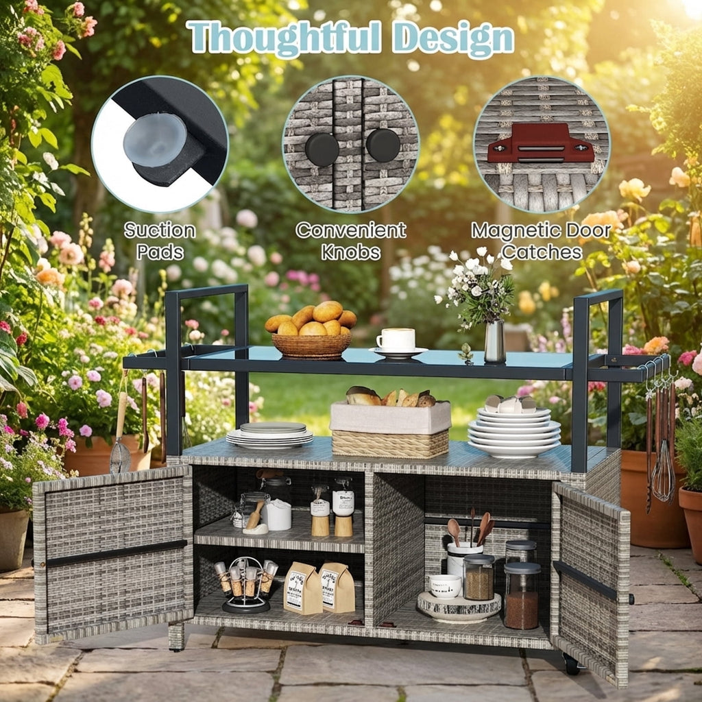 Biotree Outdoor Wicker Bar Cart with Cabinet and 8 Hooks Rolling Patio Serving Cart for Backyard Entertaining, Gray