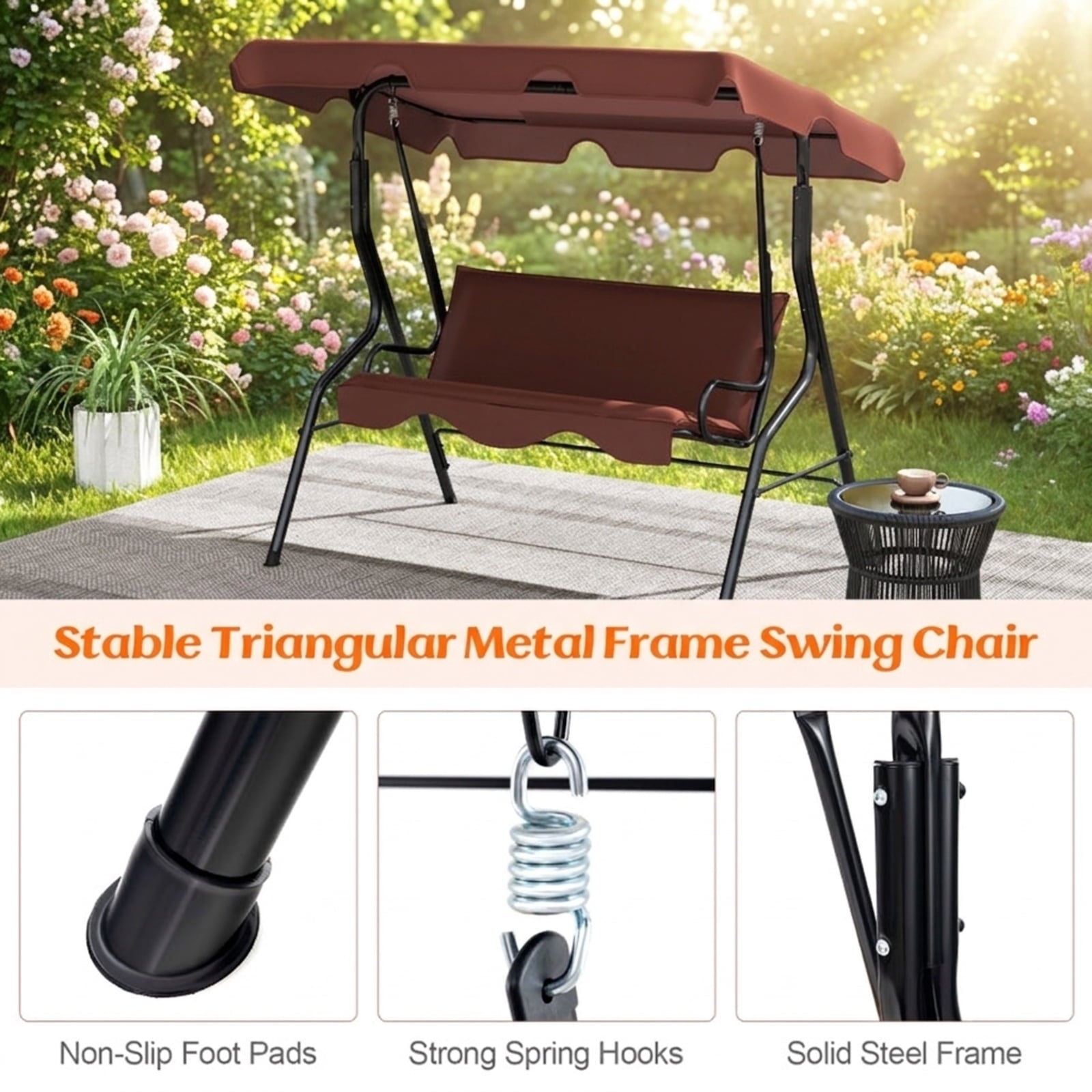 Biotree 3 Seat Outdoor Patio Canopy Swing with Cushioned Steel Frame for Patio Porch Garden Backyard Outdoor, Brown