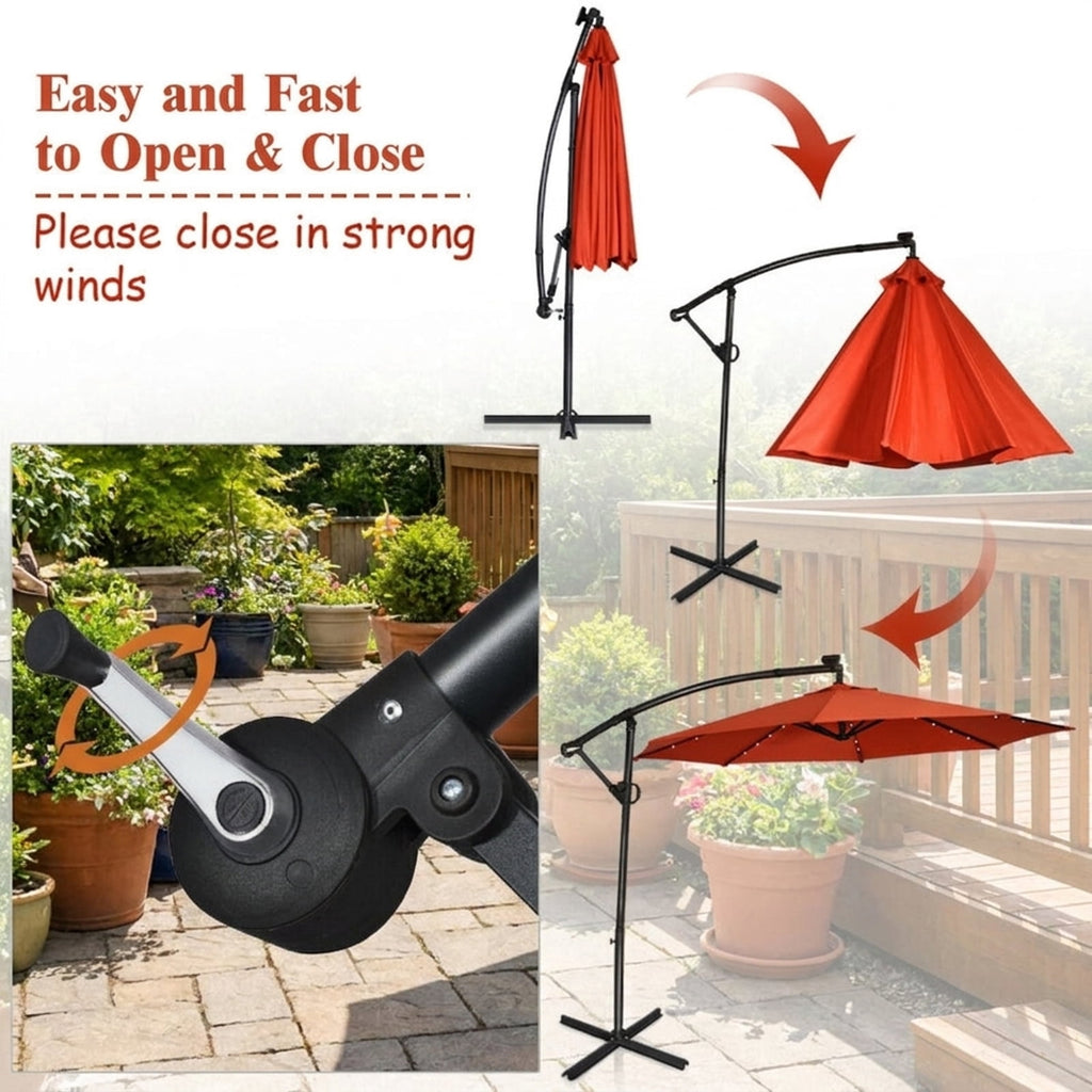 Biotree 10 ft Solar LED Cantilever Patio Umbrella Offset Hanging with Cross Base, 8 Ribs - Orange for Backyard