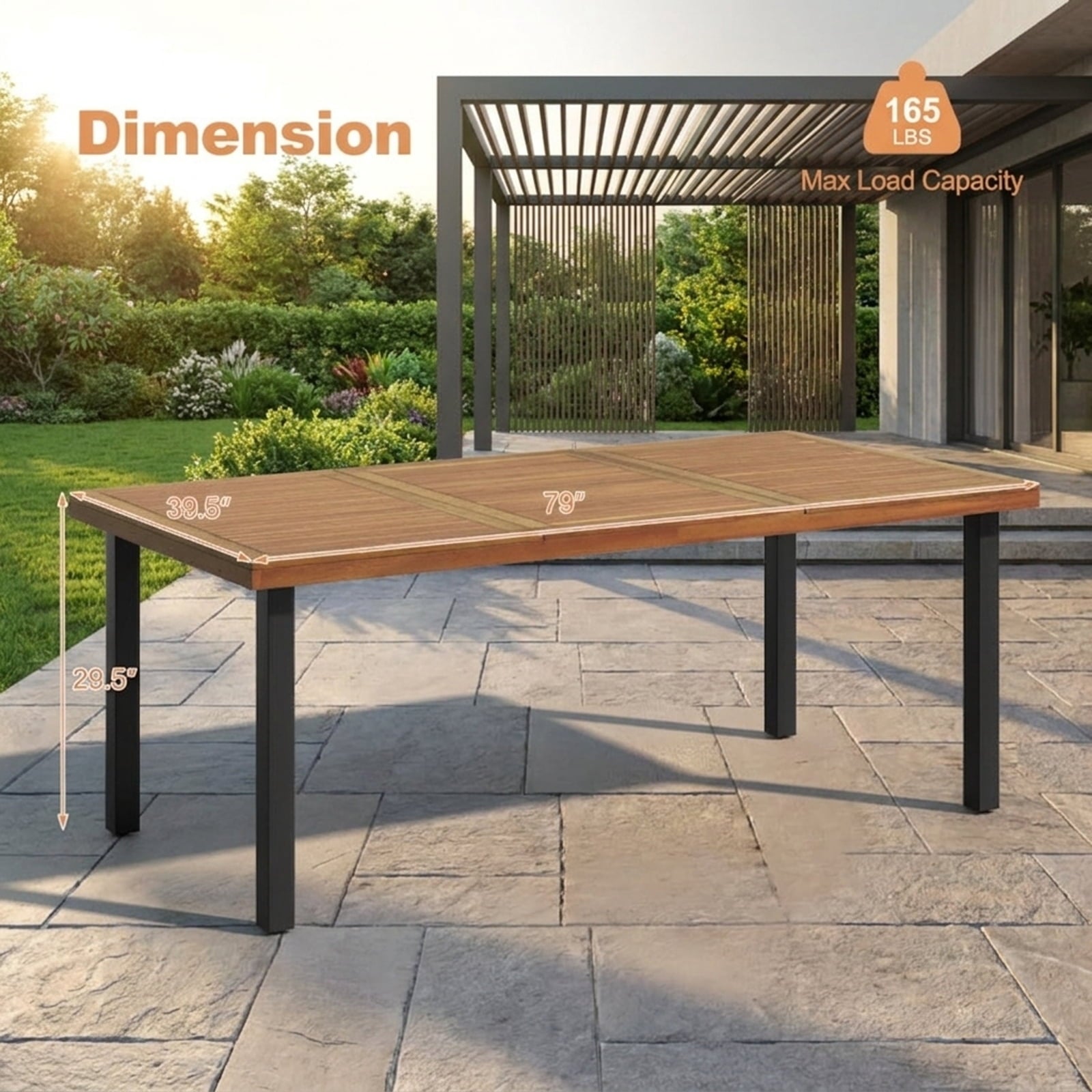 Biotree 79 Inch Acacia Wood Dining Table 8-Person Patio Table with 1.9 Inch Umbrella Hole and Adjustable Foot PadsNatural Black