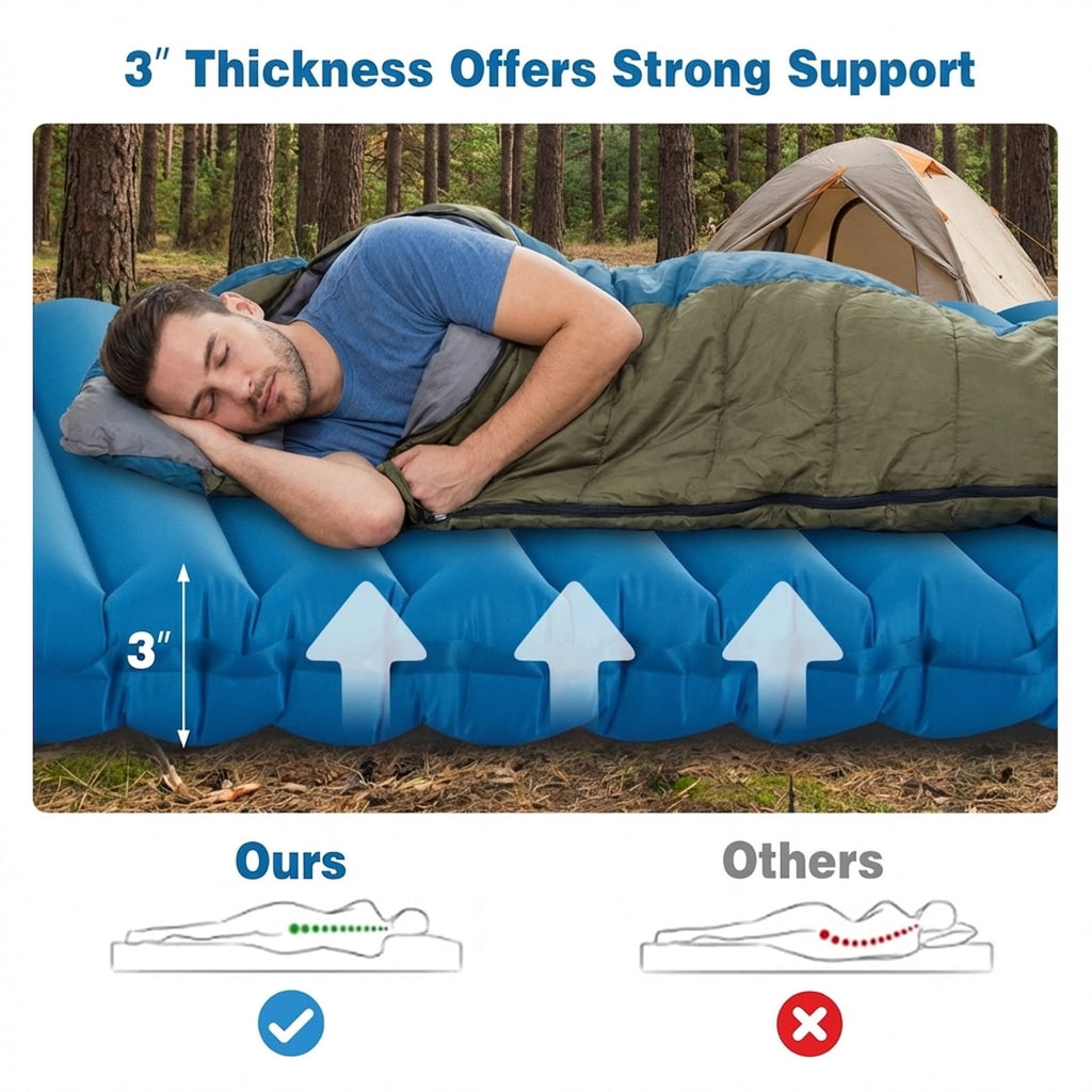 Biotree 3 Inch Thick Inflatable Waterproof Camping Sleeping Pad, Blue