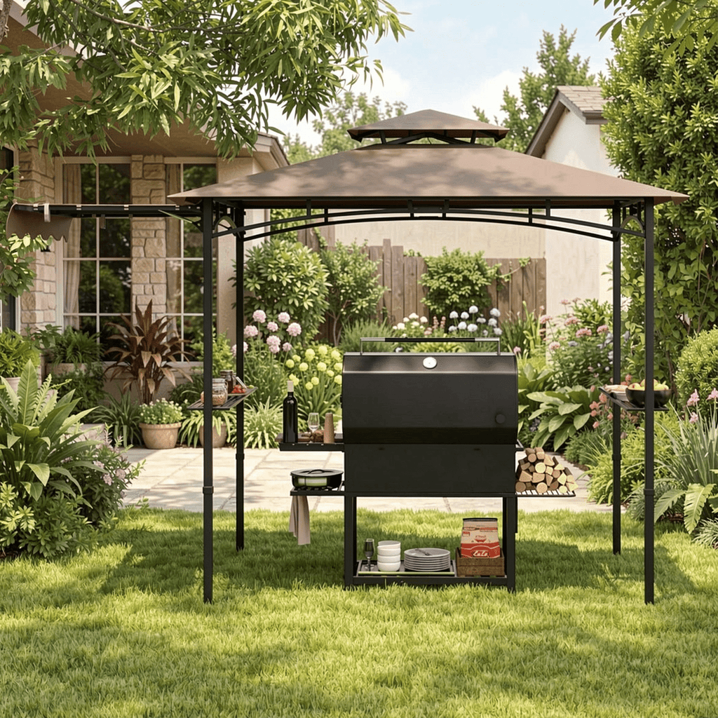 Biotree 11 x 5 FT Grill Gazebo with Side Awning and Double-Tiered Top Brown - Outdoor Patio Backyard Garden Shade Canopy Shelter