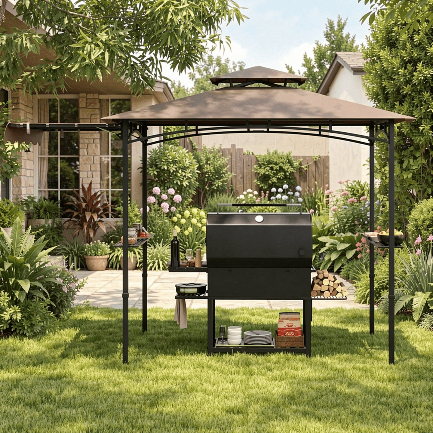 Biotree 11 x 5 FT Grill Gazebo with Side Awning and Double-Tiered Top Brown - Outdoor Patio Backyard Garden Shade Canopy Shelter