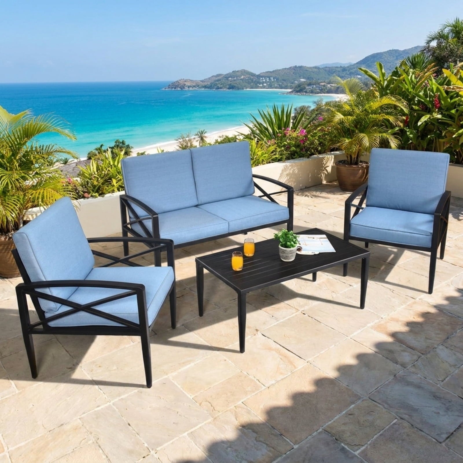 Biotree 4 Pieces Patio Furniture Set Aluminum Frame Cushioned Sofa Outdoor Conversation Set for Garden Backyard Porch