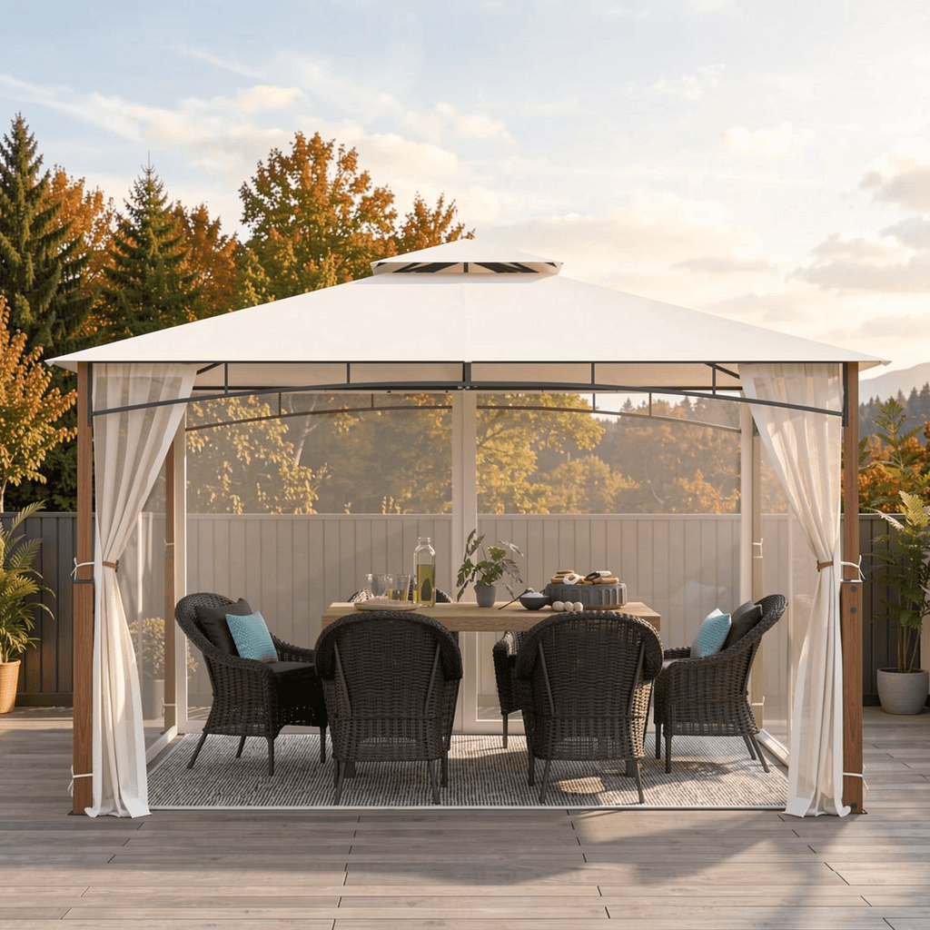 Biotree 12 x 10 Feet Outdoor Patio Gazebo with Netting and 2-Tier Canopy Roof Beige - Outdoor Patio Backyard Garden Shade Canopy Shelter