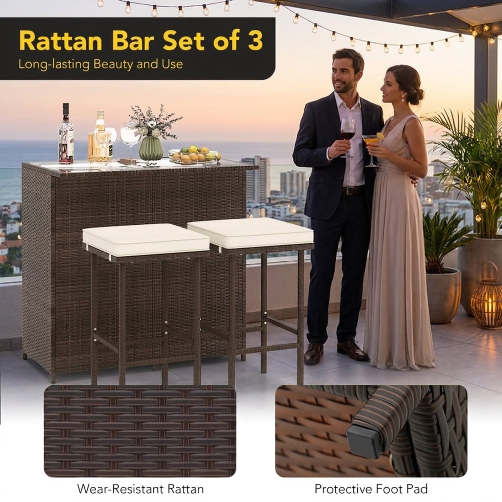 Biotree 3-Piece Patio Rattan Bar Set with Glass Table and Cushioned Stools, White - Outdoor Patio Bar Height Furniture Set for Deck Garden
