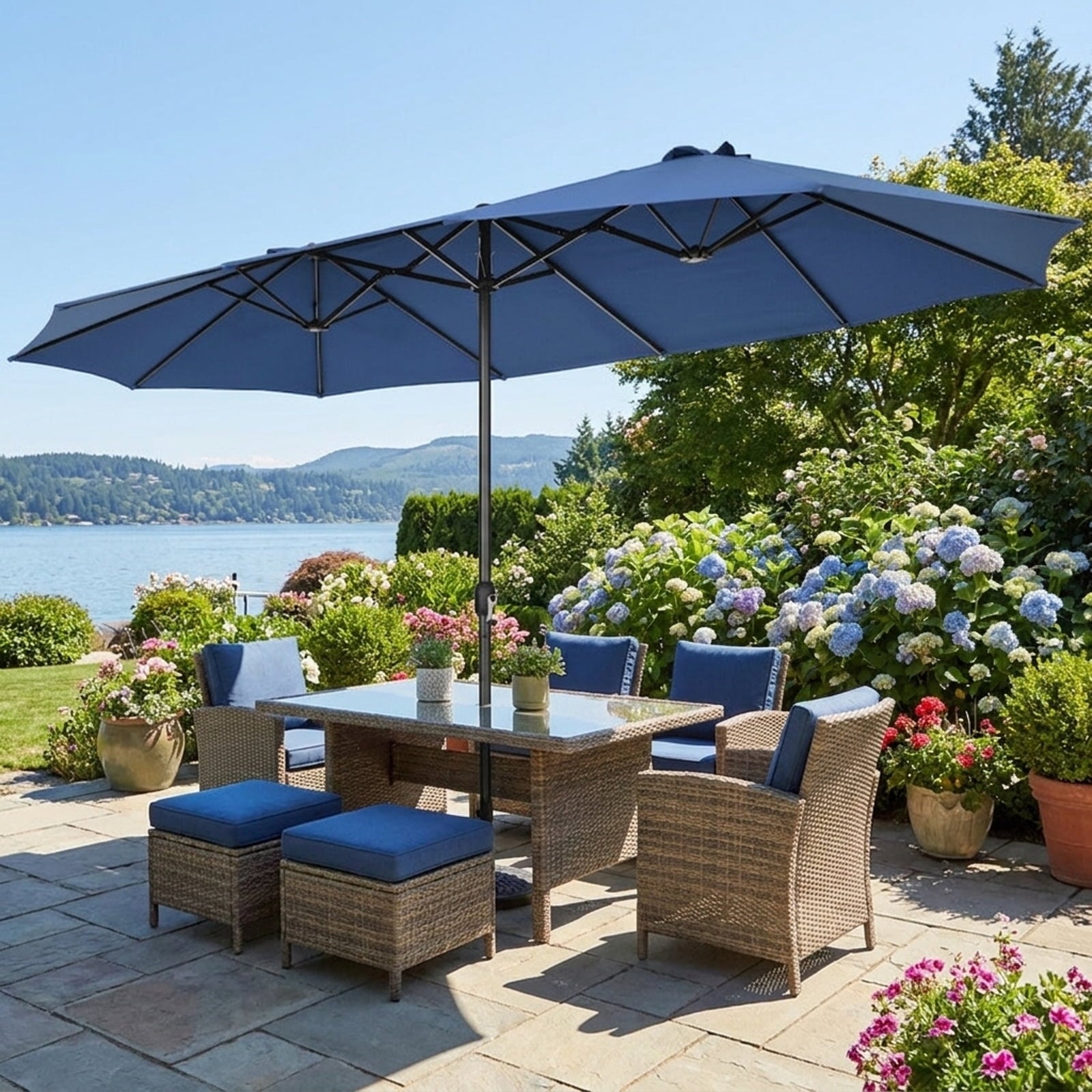 Biotree 15 ft Double-Sided Twin Patio Umbrella Crank Tilt Outdoor Shade - Blue - UV Protection with Cross Base