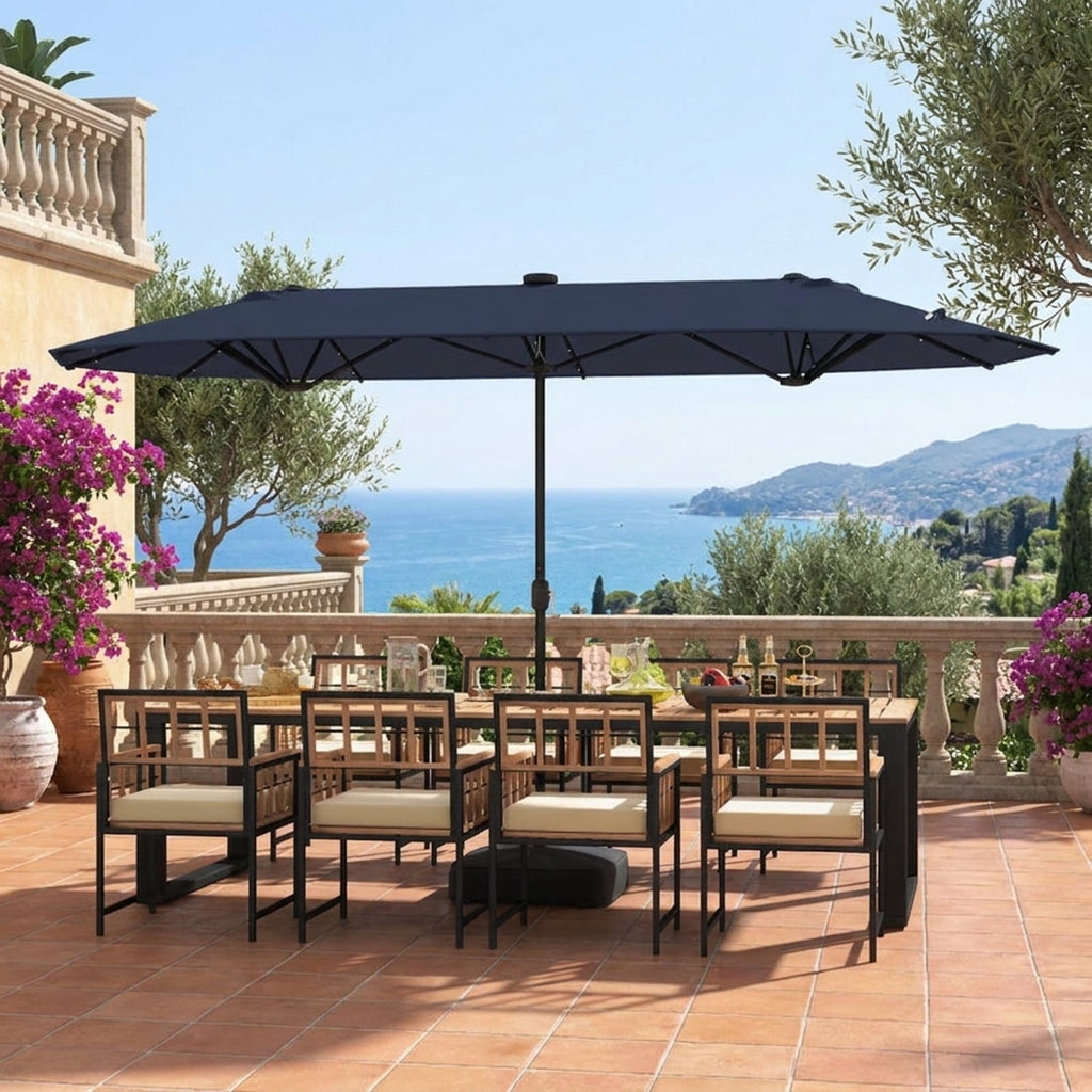 Biotree 13 ft Double-Sided Twin Patio Umbrella Solar Powered Outdoor Shade - Blue - UV Protection with Cross Base