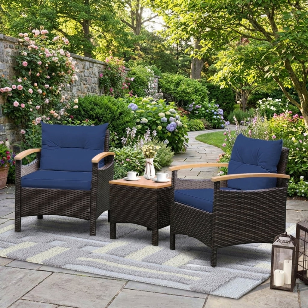 Biotree 3 Pieces Patio Rattan Furniture Set with Removable Cushion Outdoor Conversation Set for Garden Backyard PorchNavy