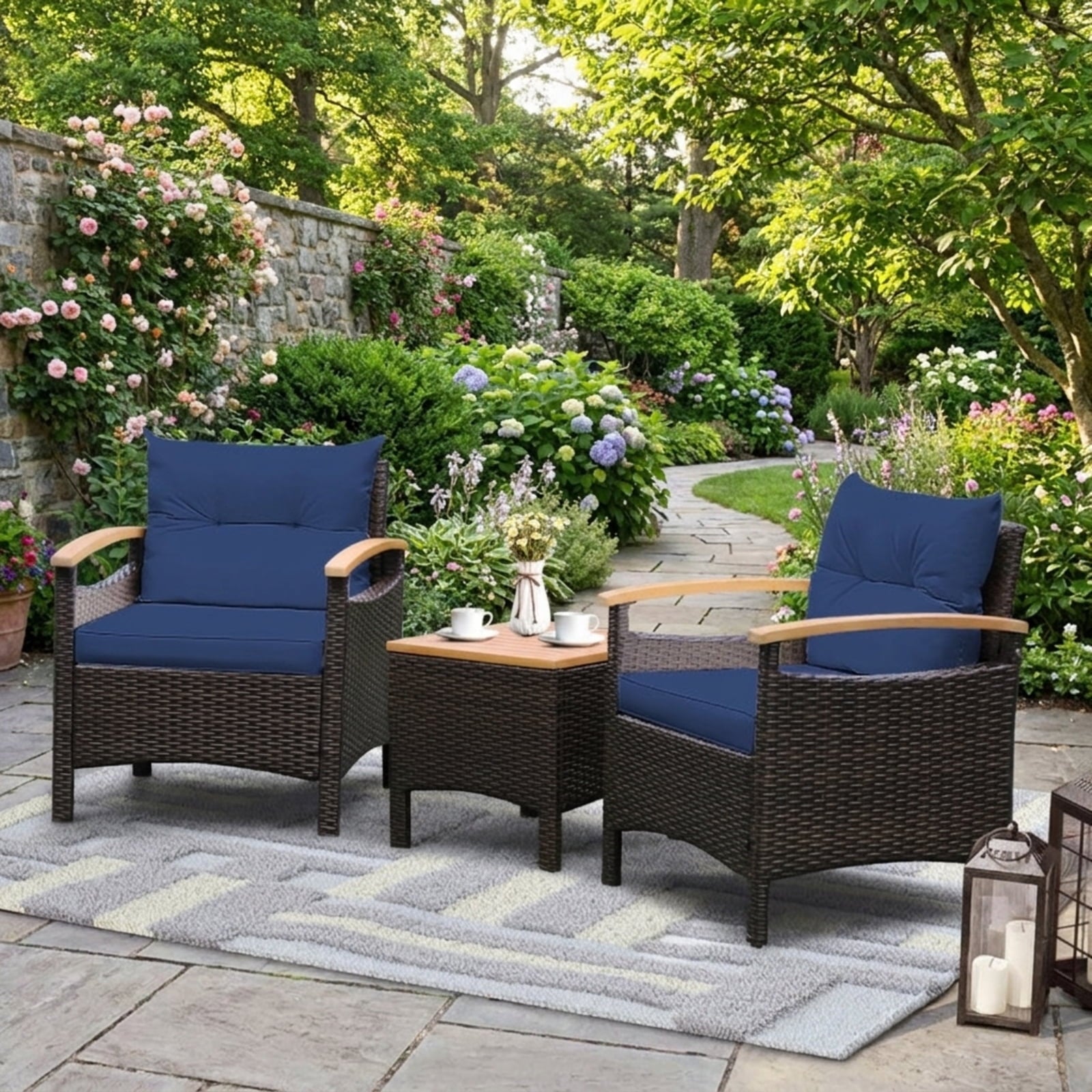 Biotree 3 Pieces Patio Rattan Furniture Set with Removable Cushion Outdoor Conversation Set for Garden Backyard PorchNavy
