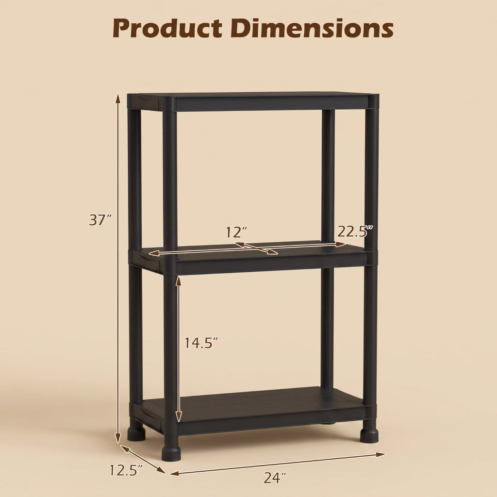 Biotree 3-Tier Plastic Storage Shelving Unit, 24 x 12.5 x 37 Inch Freestanding Heavy Duty Garage Shelf, 100 Lbs per Shelf, Black