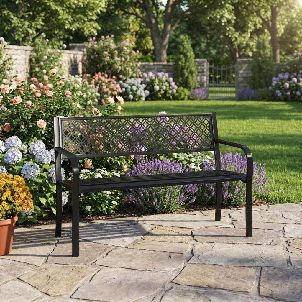 Biotree 50 Inches Outdoor Garden Bench with Geometric Lattice Backrest and Slatted Seat Stackable Patio Chair for Garden BackyardBlack