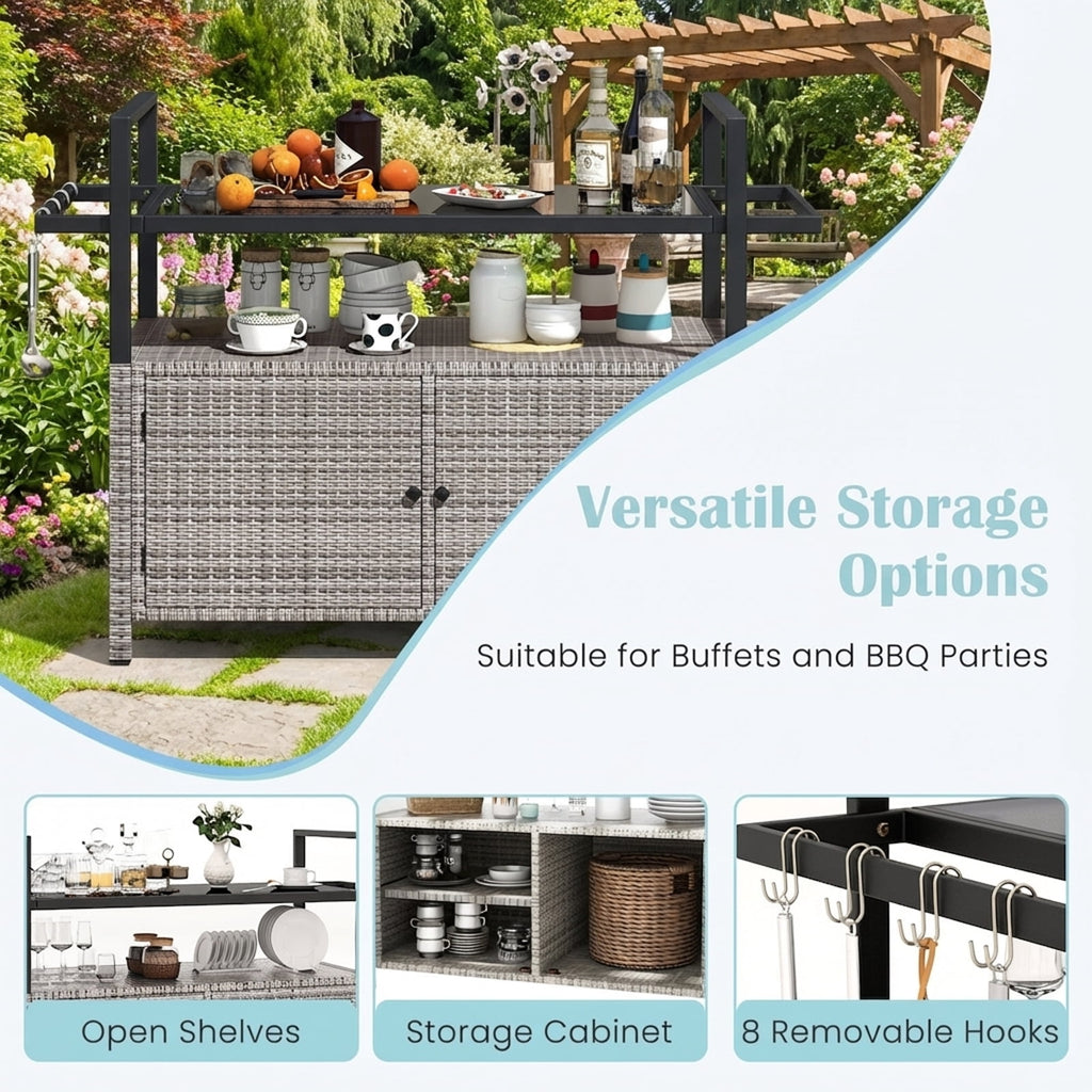 Biotree Outdoor Wicker Bar Cart with Cabinet and 8 Hooks Rolling Patio Serving Cart for Backyard Entertaining, Gray