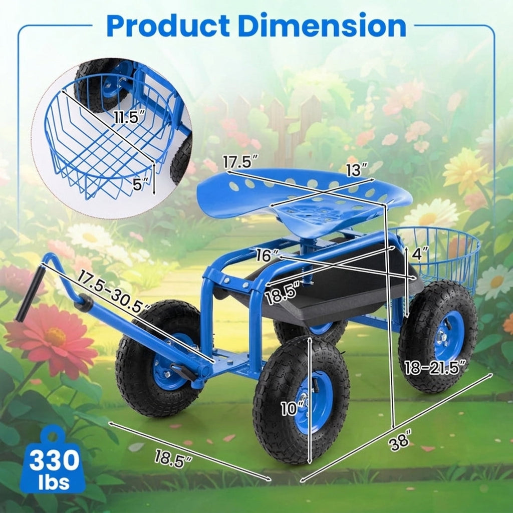 Biotree Extendable Handle Garden Cart Rolling Wagon Scooter for Garden Yard Lawn Work Outdoor, Blue