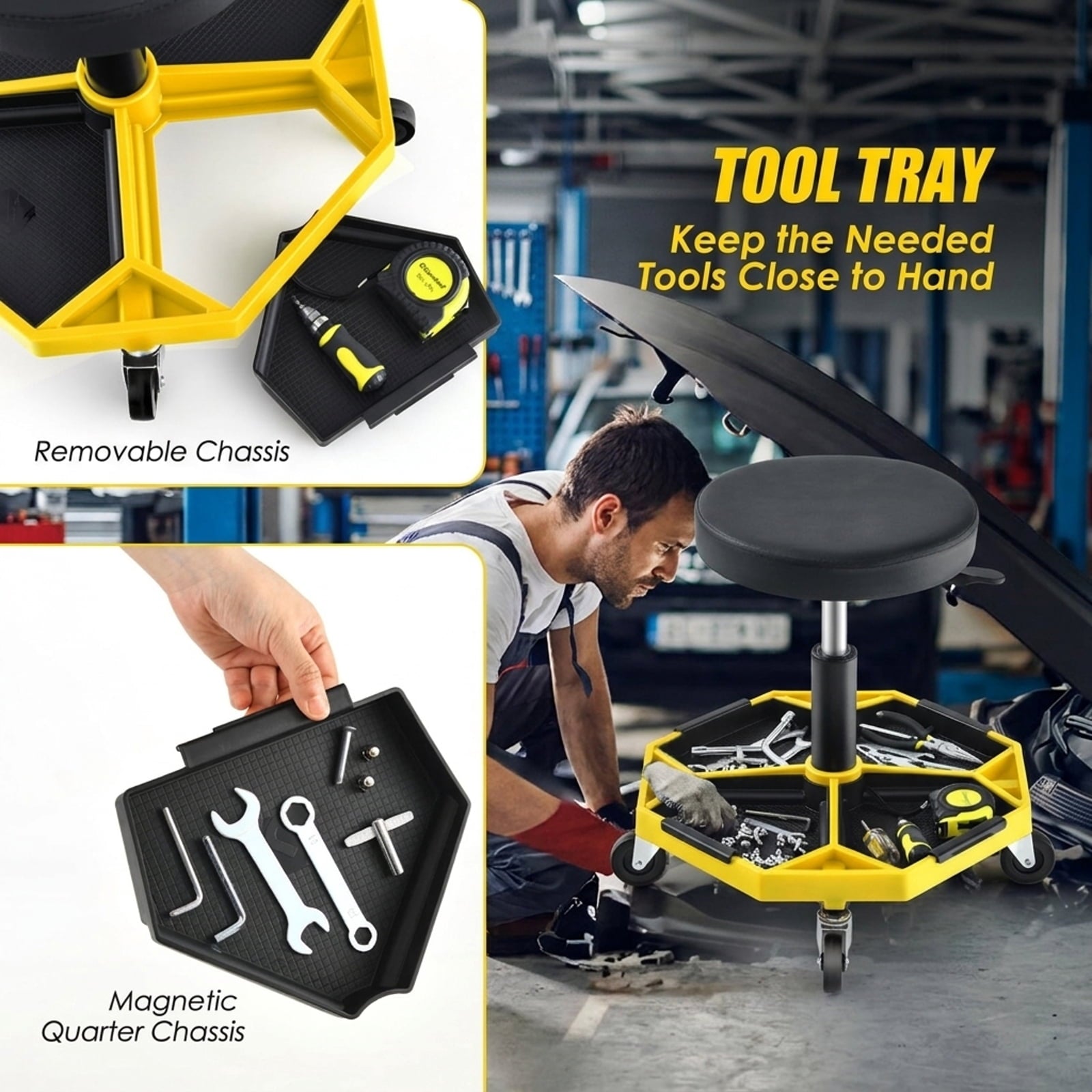 Biotree 330 lbs Pneumatic Rolling Mechanic Stool Padded Seat Height Adjustable - Yellow