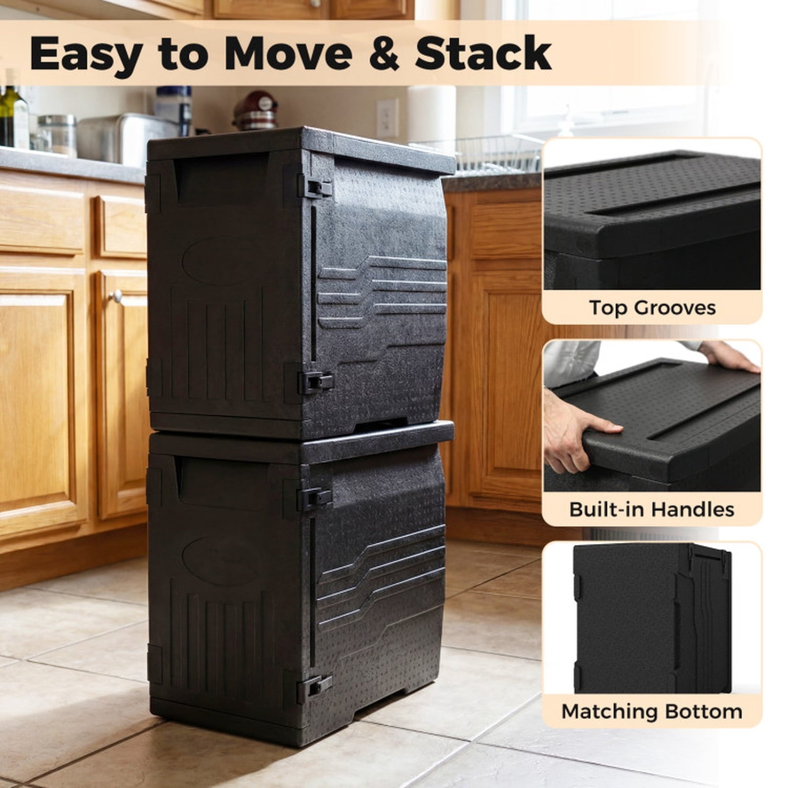 Biotree 91 Qt Insulated Food Pan Carrier with Safety Buckles and Shelf Dividers, Black