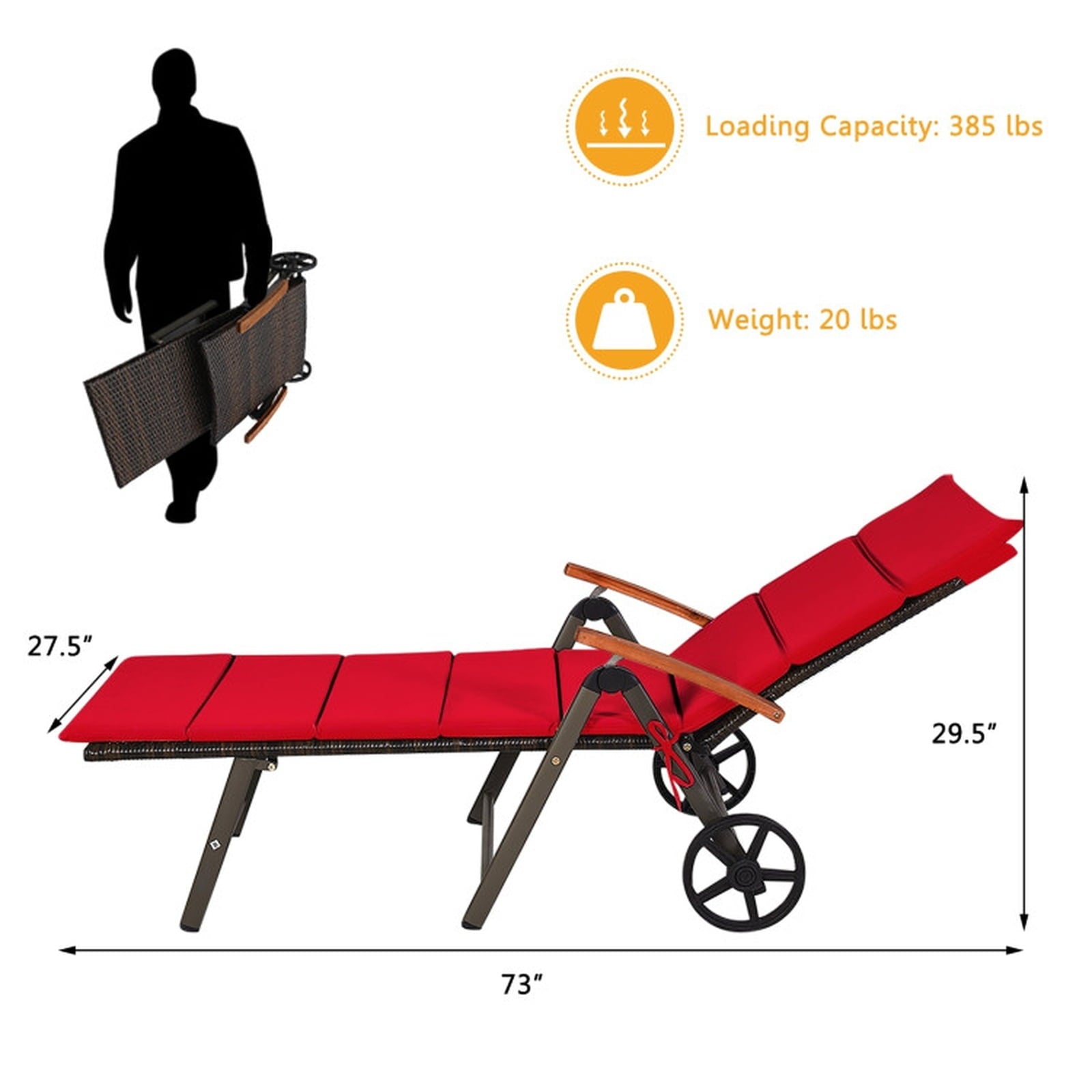 Biotree Outdoor Chaise Lounge Chair Rattan Lounger Recliner Chair Stackable Patio Chair for Garden BackyardRed