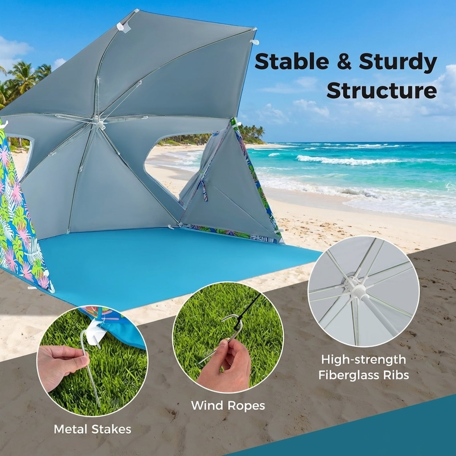 Biotree UPF50 Plus Sun Protection Beach Umbrella Tent with Portable Carrying Bag Pop Up Beach Shade for Outdoor, Blue