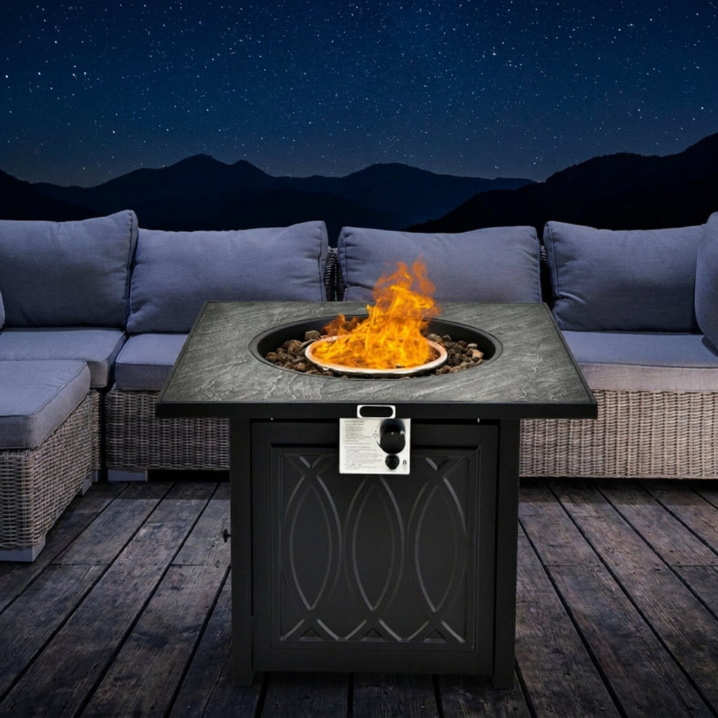 Biotree 32 Inch Propane Fire Pit Table Square Tabletop with Lava Rocks Cover 50000 BTU for Outdoor Patio Backyard Garden Camping, Black