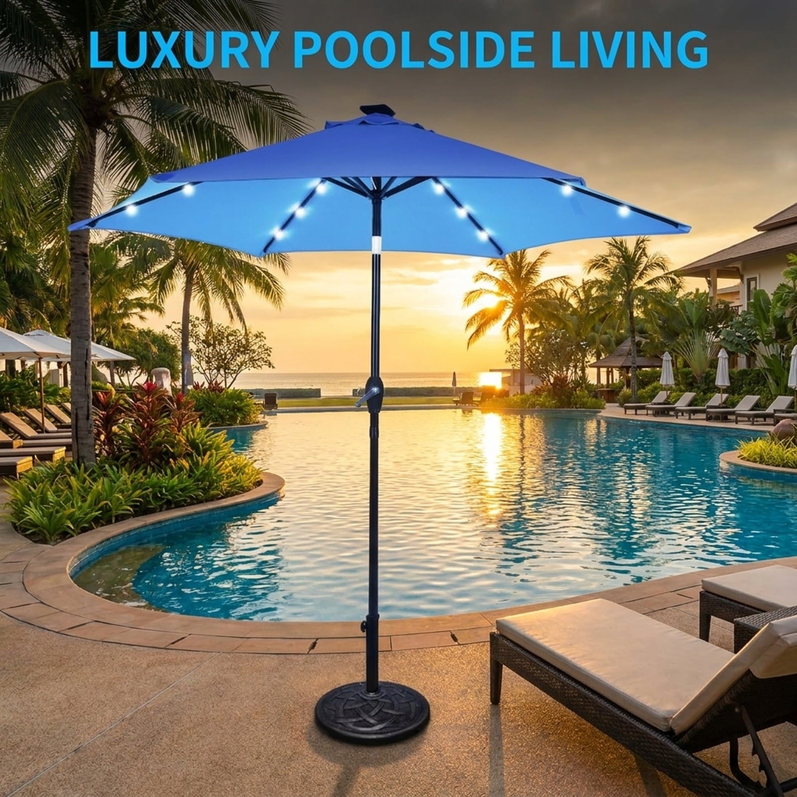 Biotree 9 ft Solar LED Market Patio Umbrella with Crank and Tilt, 6 Sturdy Ribs, Vented Canopy - Navy Blue