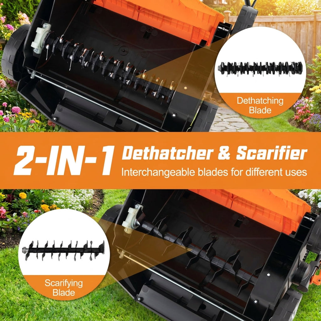 Biotree 16-Inch Electric Lawn Dethatcher and Scarifier with Collection Bag for Lawn Garden Yard Soil Care, Orange