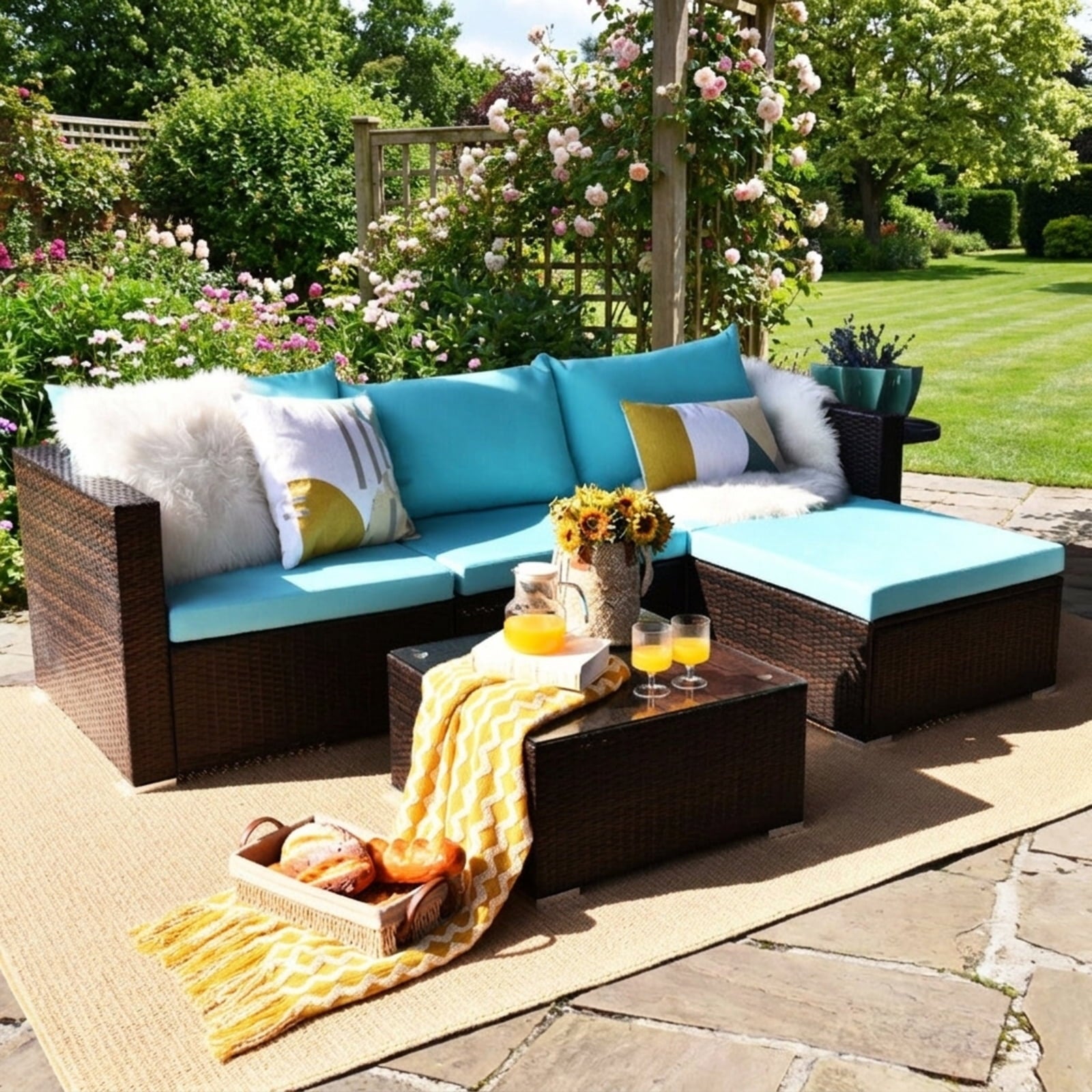 Biotree 5 Pieces Patio Rattan Furniture Set with Coffee Table Outdoor Conversation Set for Garden Backyard PorchTurquoise
