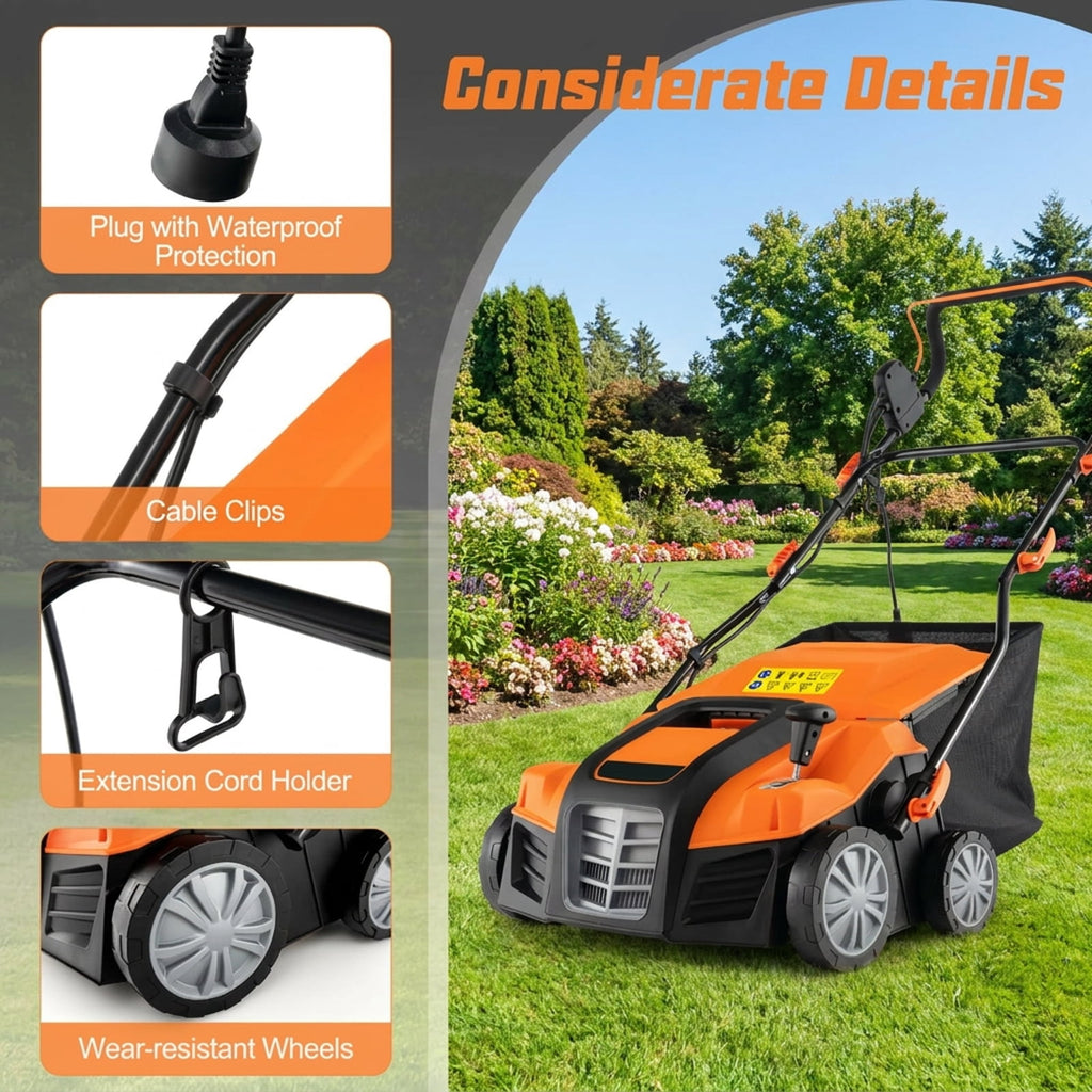 Biotree 16-Inch Electric Lawn Dethatcher and Scarifier with Collection Bag for Lawn Garden Yard Soil Care, Orange
