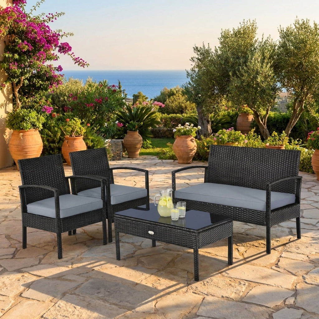 Biotree 4 Pieces Patio Rattan Cushioned Furniture Set Outdoor Conversation Set for Garden Backyard PorchGray
