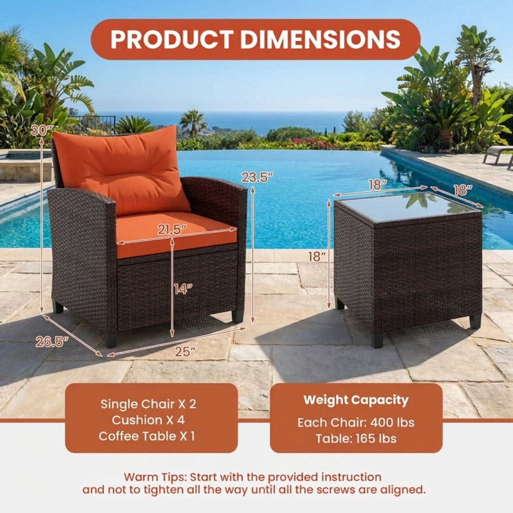 Biotree 3 Pieces Rattan Patio Furniture Set with Washable Cushion Outdoor Conversation Set for Garden Backyard PorchOrange