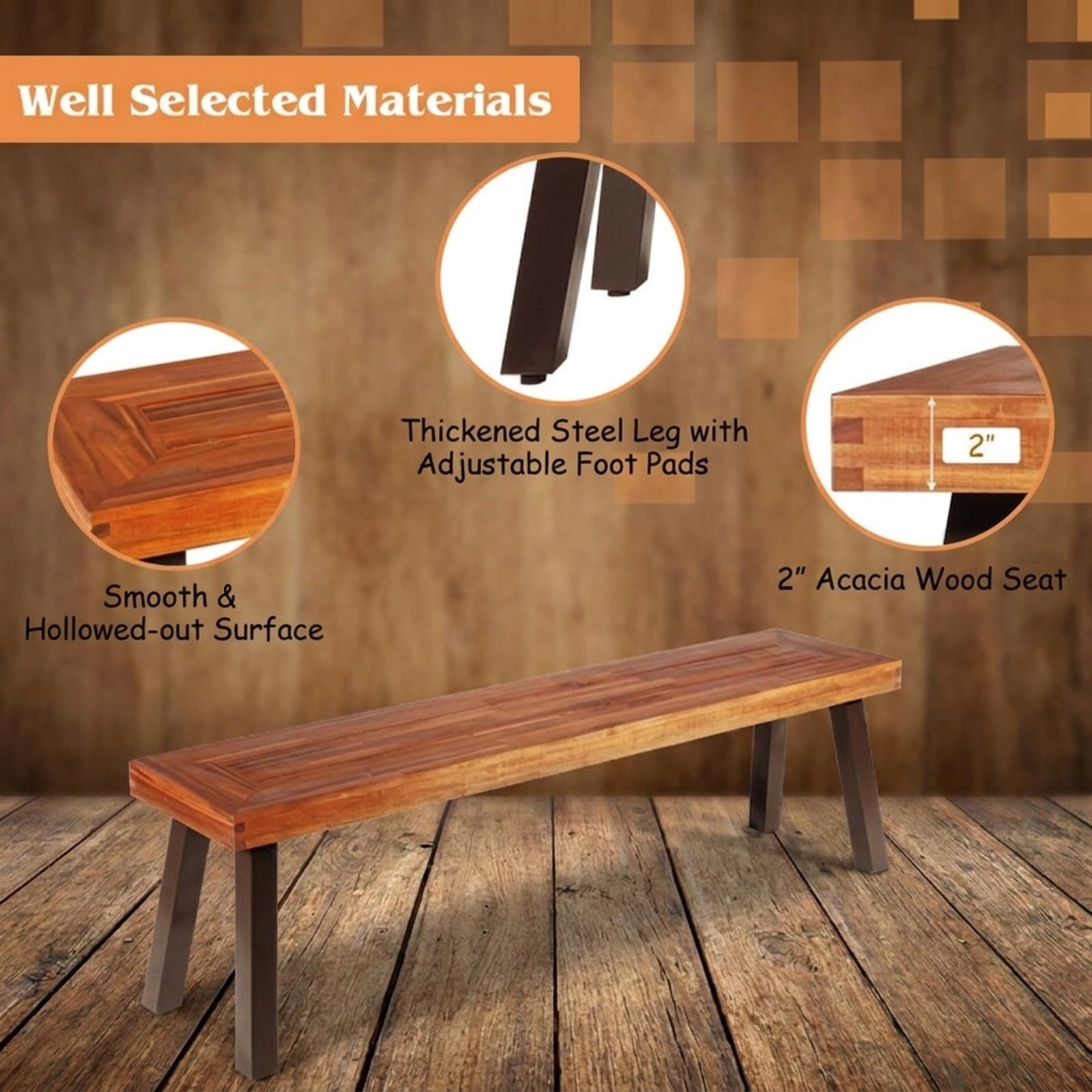 Biotree Set of 2 Patio Acacia Wood Dining Benches Stackable Patio Chair for Garden BackyardRed brown + dark brown