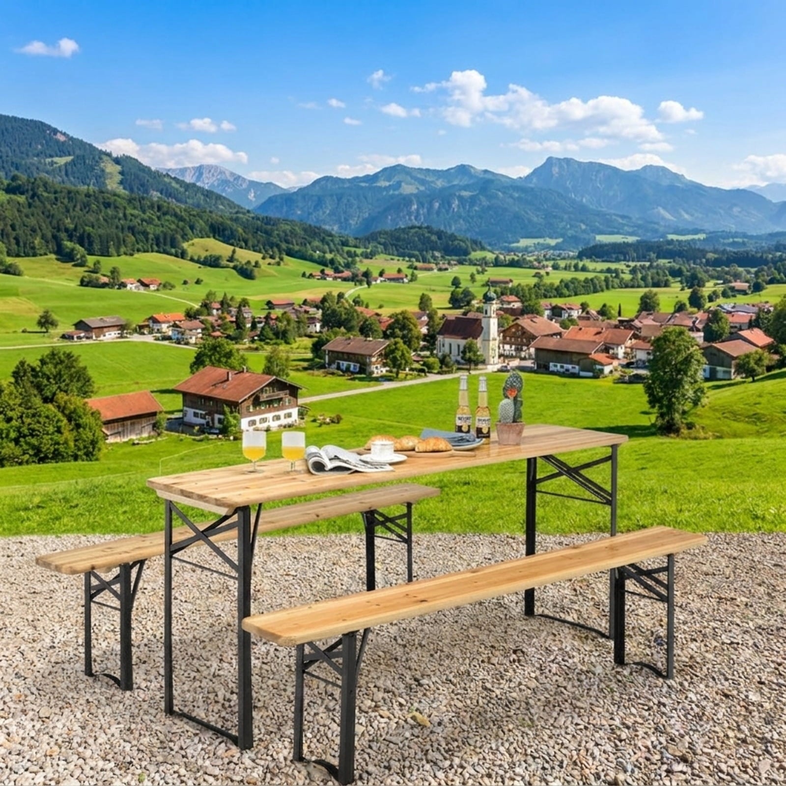 Biotree 70-Inch 3 Pieces Folding Wooden Picnic Table Bench Set, Natural Black