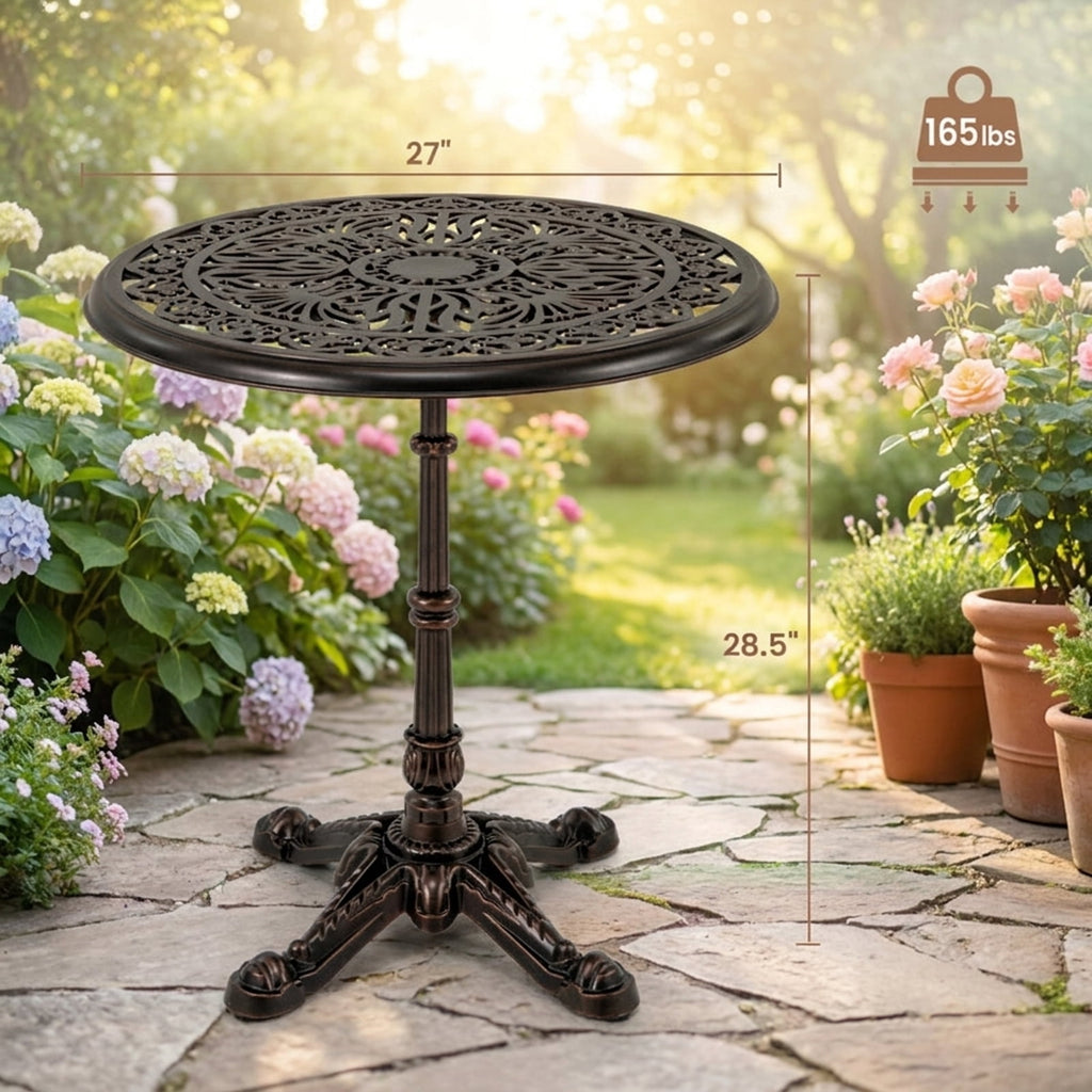 Biotree 27Inch Round Cast Aluminum Patio Bistro Table with Hollow Top, Walnut