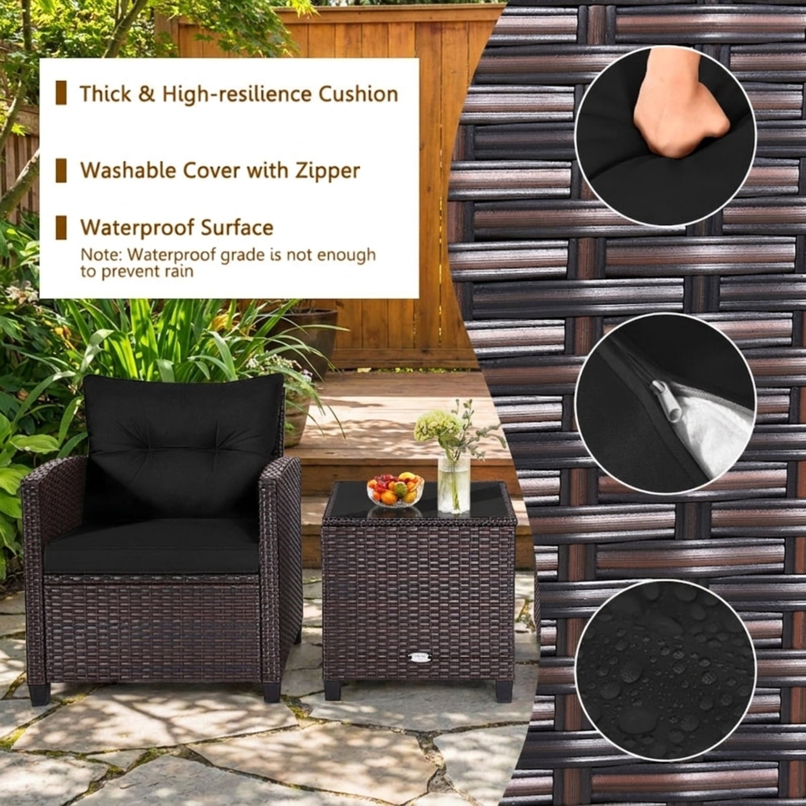 Biotree 3 Pcs Patio Rattan Furniture Set Cushioned Conversation Set Coffee Table Outdoor Conversation Set for Garden Backyard PorchBlack