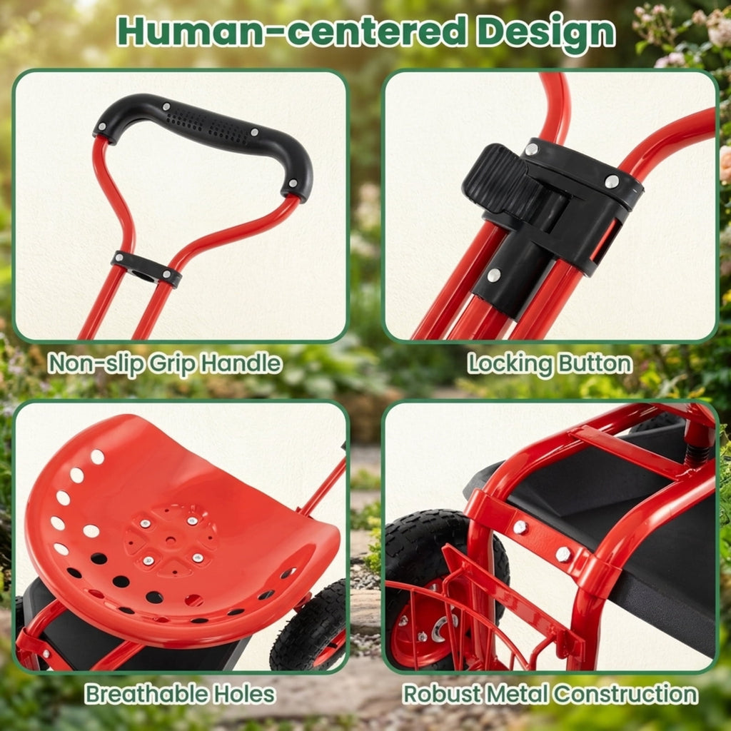 Biotree Rolling Garden Cart with 360¡ã Swivel Seat, Height Adjustable Garden Scooter, Heavy Duty Yard Cart with Tool Tray and Storage Basket for Gardening Weeding Yard Work Red