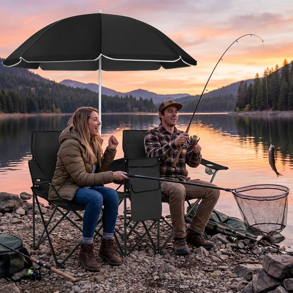 Biotree Double Camping Chair with Removable Umbrella Portable Folding Loveseat with Cooler Bag and Cup Holders for Beach Picnic, Black